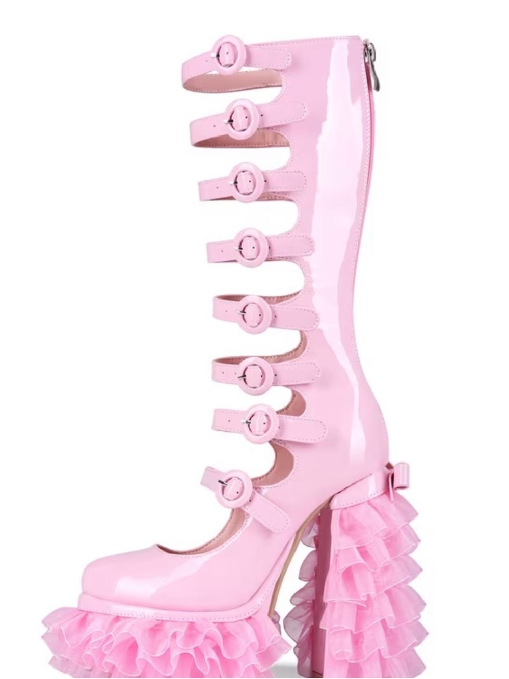 Pink High-Platform Ruffle Strap Knee Pump/Boot - Picture 3 of 7